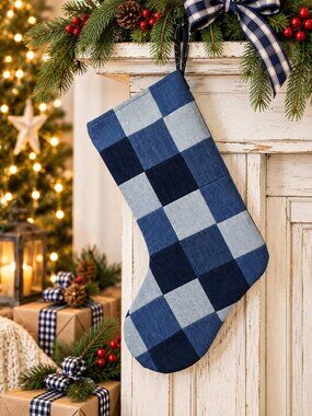 Hand Made Upcycled Blue Patchwork Denim Hanging Christmas Stocking 17.5" Lined